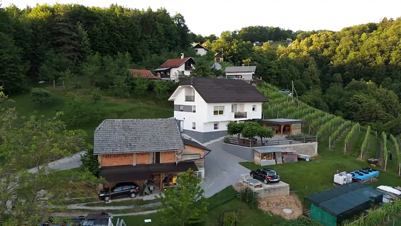 Bela hiša in leseno gospodarsko poslopje z dvoriščem in dovozom na pobočju, posneto z dronom