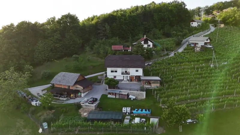 Novo naselje enodružinskih hiš, posneto z dronom s strani in od zgoraj