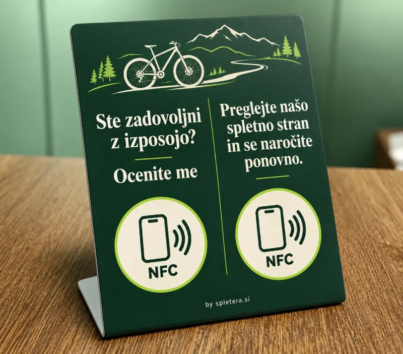 Temno zeleno namizno NFC stojalo izposoje koles s kolesom in gorami ter dvema NFC znakoma: Ste zadovoljni z izposojo? Ocenite me in Preglejte našo spletno stran in se naročite ponovno