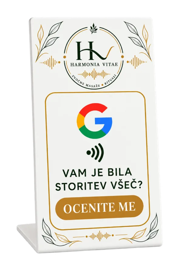 Belo NFC stojalo Harmonia Vitae z Googlovim logotipom, napisom Vam je bila storitev všeč? in gumbom Ocenite me