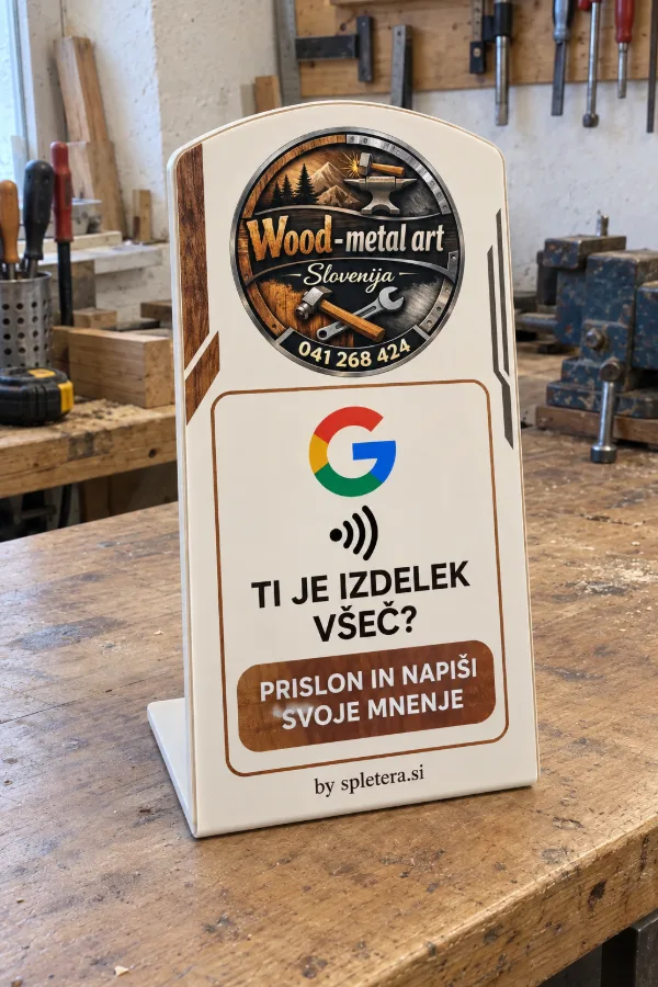 NFC stojalo Wood-metal art na delovni mizi v delavnici z napisom Ti je izdelek všeč? Prislon in napiši svoje mnenje