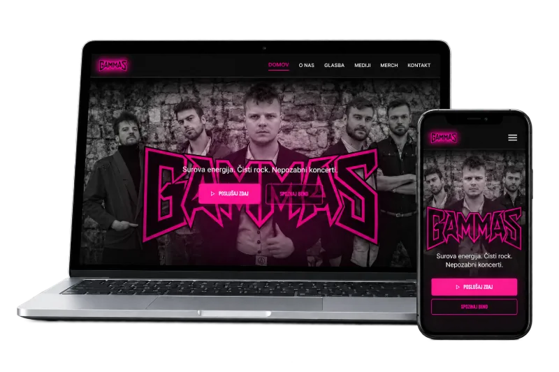 Spletna stran skupine GAMMAS na prenosniku in telefonu: člani benda, magenta logotip in gumb Poslušaj zdaj