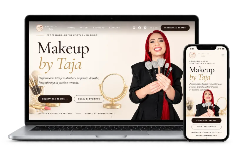 Spletna stran Makeup by Taja na prenosniku in telefonu: vizažistka s čopiči, naslov Makeup by Taja in gumb Rezerviraj termin