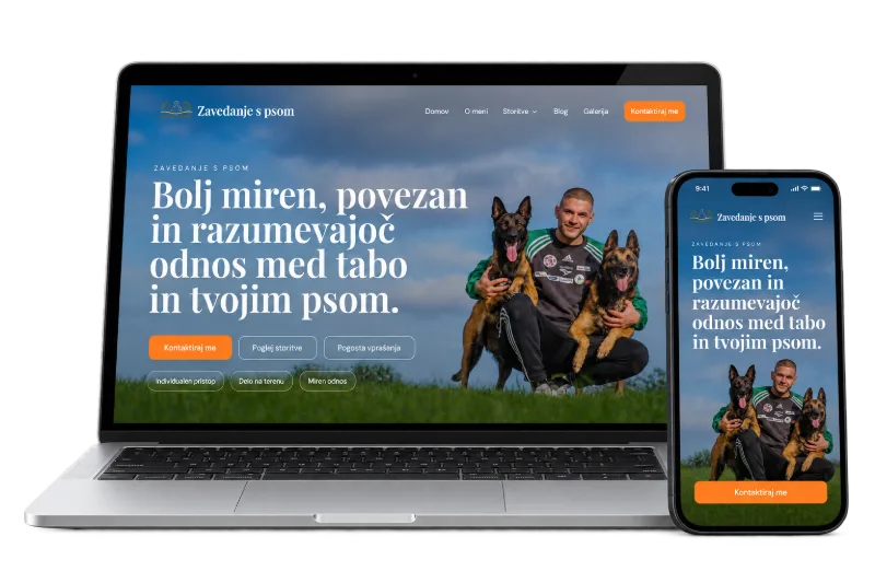 Spletna stran Zavedanje s psom na prenosniku in telefonu: moški z dvema psoma na travniku in gumb Kontaktiraj me