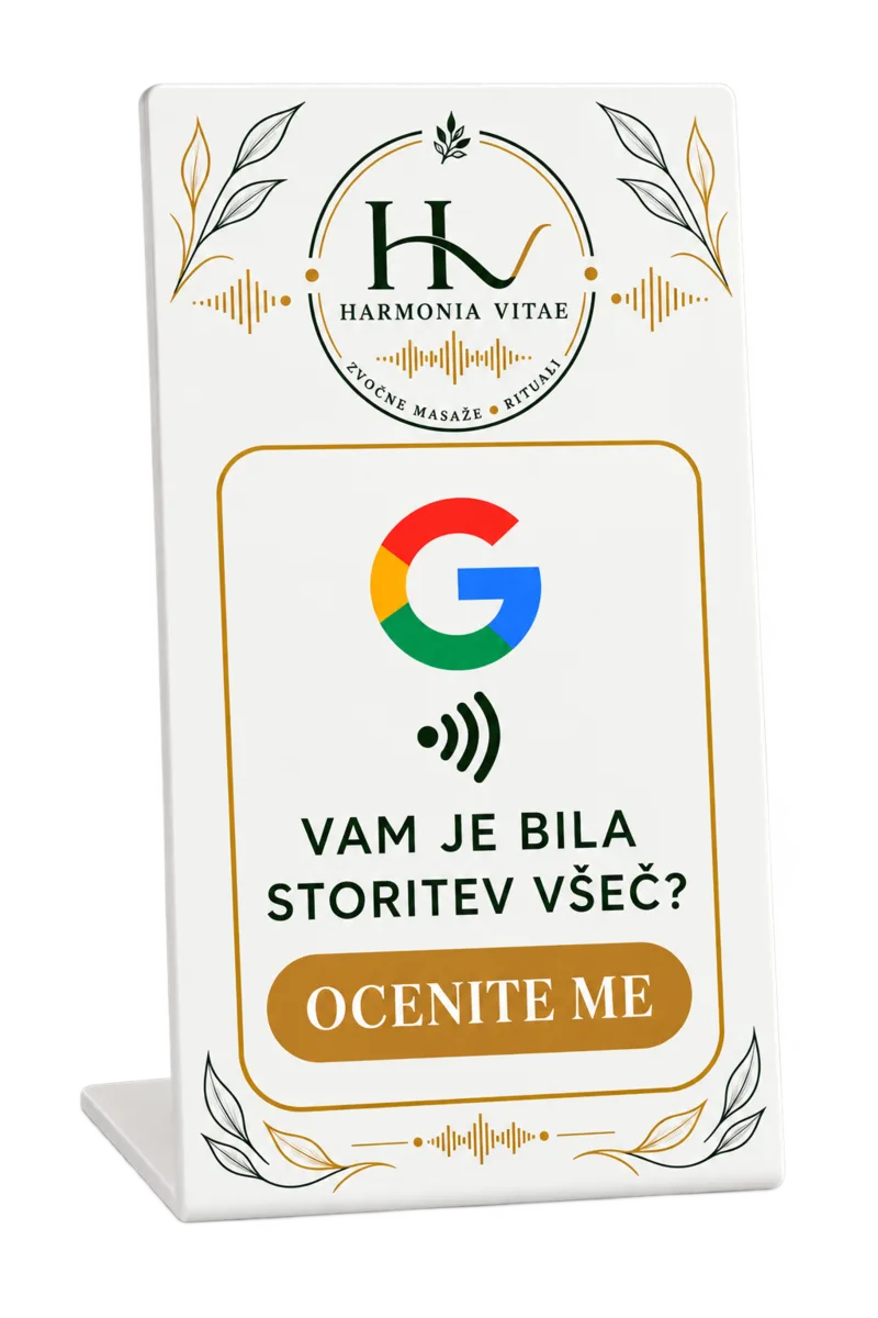NFC stojalo z napisom »Vam je bila storitev všeč? Ocenite me« in oznako za NFC